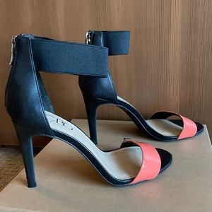 BCBG Paris Black and Coral Strap Stiletto Sandal